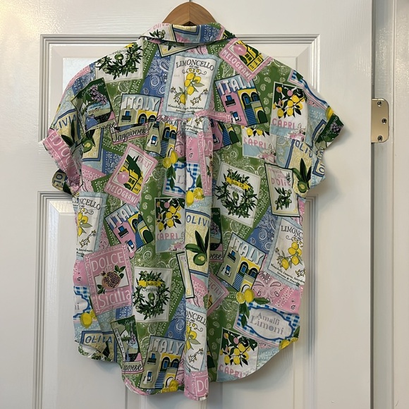 Pink, green and blue graphic Italian travel print rayon camp shirt.  Size L. - Picture 4 of 4